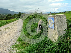 Traditional shell sign and arrow painted on the way. Direction sign for pilgrims in Saint James way, Camino de Santiago photo