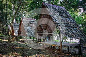 Traditional shelter with thatched roof in the middle of bamboo forest at Hutan Bambu Wanadesa, Balikpapan