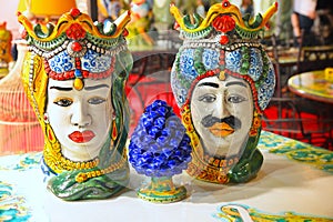 Traditional Sicilian ceramics representing the couple of Moor`s heads and the pine cone
