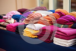 traditional sikh turbans and scarfs neatly arranged in a gurdwara