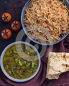 Traditional sindhi meal - bhuga chawar ,sai bhaji with papad