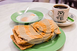 Traditional Singapore Breakfast called Kaya Toast, Crispy Bread