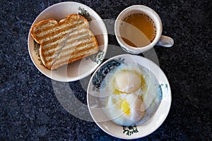 Traditional Singapore and Malaysia Breakfast Set of Eggs, Kaya Butter Toast and Coffee