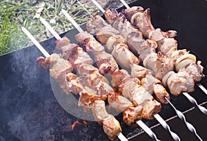 Traditional skewers on skewers and barbecue. Springtime outdoor recreation. Grilled meat