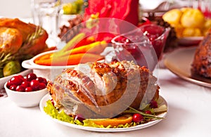 Traditional sliced honey glazed ham for festive Christmas or Thanksgiving table