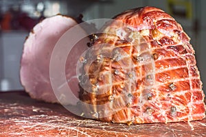 Traditional Sliced â€‹â€‹Honey Glazed Ham Ready for the Holidays,Christmas concept,selective focus and copy space