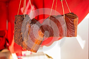 Traditional Slovak Smoked Bacon Slanina Hanging From the Top