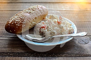 Traditional Slovakian fresh seafood salad or ``treska`` from alaskan cod fish