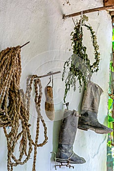 Traditional Slovakian objects exhibited on one home porch