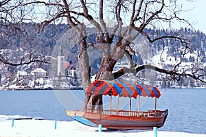 Traditional Slovenian boat and church on Lake Bled, Slovenia