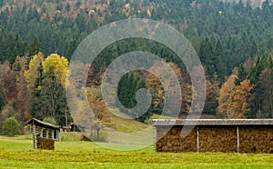 Traditional Slovenian drying frame hay rack called a kozolec in the countryside near Lake Bled, Slovenia, in the autumn season