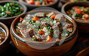 Traditional slow cooked beef stew with vegetables and herbs in rustic bowls