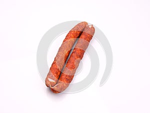 Traditional smoked pork sausage, long, isolated. Polish meat sausage, a packshot photo for package design.