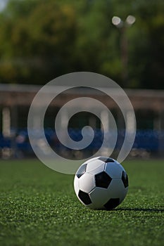 Traditional soccer ball on green grass playground.