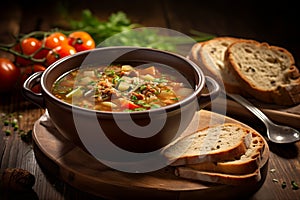 Traditional soup with bread on rustic table photo