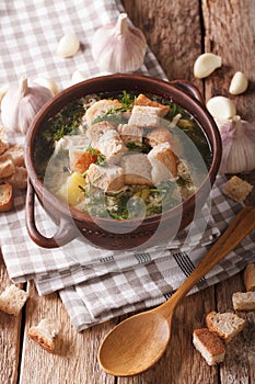 Traditional soup with garlic and croutons close-up. vertical