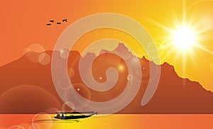 Traditional South East Asian Boat Under Sunset Illustration