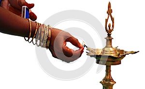 Traditional south indian brass oil lamp 'Nilavilakku '. During events like housewarming, marriage etc. , the Nilavilakku is light