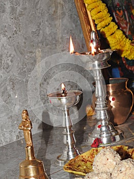 Traditional south indian brass oil lamp or Nilavilakku. During events like housewarming  marriage etc.  the Nilavilakku is lighted