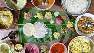 traditional south indian food platter with rice and other variety food items