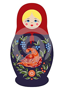 Traditional souvenir Russian floral folk matryoshka doll, Gorodets painting stylization. Birds and flowers, matryoshka babushka.