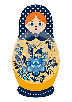 Traditional souvenir Russian floral folk matryoshka doll, Gorodets painting stylization. Birds and flowers, matryoshka babushka.