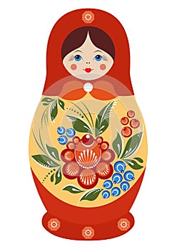 Traditional souvenir Russian floral folk matryoshka doll, Gorodets painting stylization. Birds and flowers, matryoshka babushka.