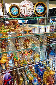 Traditional souvenirs on display at Dubai bazaar UAE