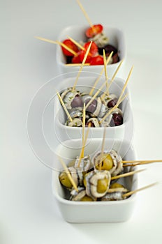The traditional Spanish appetizers of olives, tomatoes and anchovies in a white ceramic bowls