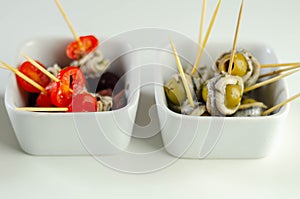 The traditional Spanish appetizers of olives, tomatoes and anchovies in a white ceramic bowls