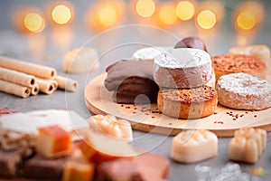 Traditional Spanish Christmas sweets turron, polvorones, mantecados with Christmas decor on grey table top photo
