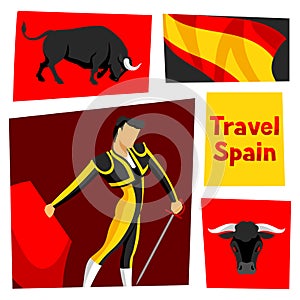 Traditional spanish corrida. Bull and toreador with sword and red cape