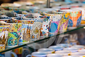 Traditional Spanish decorated mosaic souvenirs for sale in Barcelona