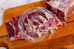 Traditional Spanish delicacy lacon curado - jerky pork ham photo