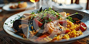 A traditional Spanish dish. Seafood paella with rice, mussels, shrimp. Menu, the recipe.