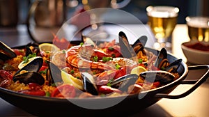 A traditional Spanish dish. Seafood paella with rice, mussels, shrimp. Menu, the recipe.