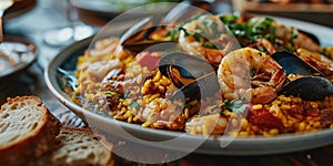 A traditional Spanish dish. Seafood paella with rice, mussels, shrimp. Menu, the recipe.