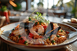 A traditional Spanish dish. Seafood paella with rice, mussels, shrimp. Menu, the recipe.