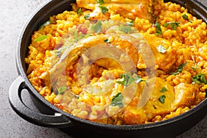 Traditional spanish rice recipe with rabbit close-up in a frying pan. horizontal