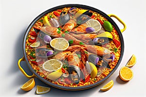 Traditional spanish seafood paella in the fry pan on a white table - Generative AI