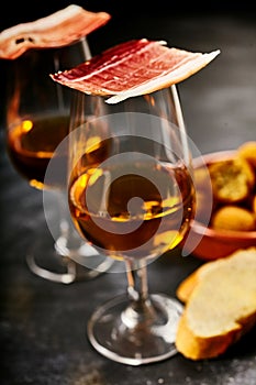 Traditional Spanish tapas with sherry aperitif photo