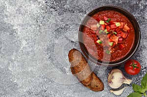 Traditional Spanish tomato gazpacho soup on a stone background.