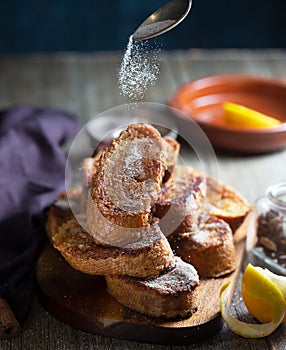 Traditional Spanish torrijas. Dessert for Christmas time or Pascua in Spain