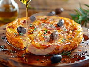 Traditional Spanish Tortilla de Patatas with Olive Oil Drizzle and Black Olives on Rustic Wooden Table