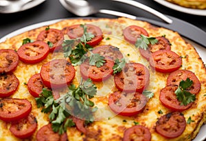 Traditional Spanish tortilla on wooden table in a restaurant