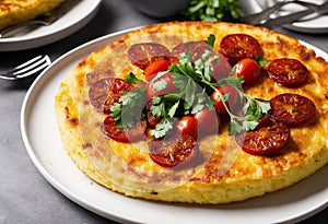 Traditional Spanish tortilla on wooden table in a restaurant