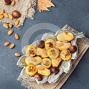 Traditional spanish treats for catalonian castanyada holiday, almond pastry panellets photo