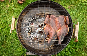 Traditional spatchcocked barbecue chicken al mattone on charcoal grill photo