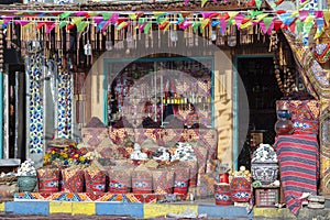 Traditional spices bazaar with herbs and spices in street old market in Sharm El Sheikh, Egypt. close up