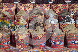 Traditional spices bazaar with herbs and spices in street old market in Sharm El Sheikh, Egypt. close up